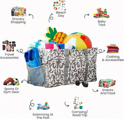 Extra Large Utility Tote Bag - Oversized Collapsible Reusable Wire Frame Rectangular Canvas Basket With Two Exterior Pockets For Beach, Pool, Laundry, Car Trunk, Storage - Damask Gray - Image 4