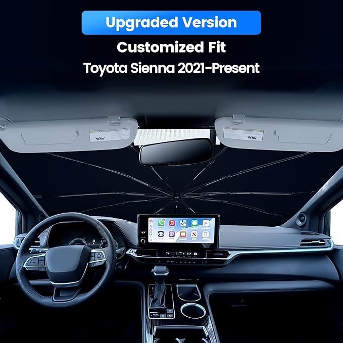 Windshield Sun Shade Umbrella for Toyota Sienna 2021-2026, Foldable Car Window Interior Sunshade with 360° Bendable Handle & Rearview Mirror Cutout, Titanium Silver HUPF 50+ Heat Insulation - Image 2