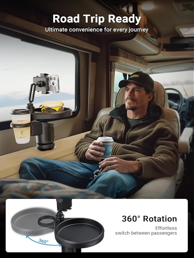4-in-1 Car Cup Holder Expander with 360° Swivel Tray, Universal Adjustable Base for Large Mugs and Bottles, Integrated Smartphone Mount for Food and Snacks, Black - Image 5