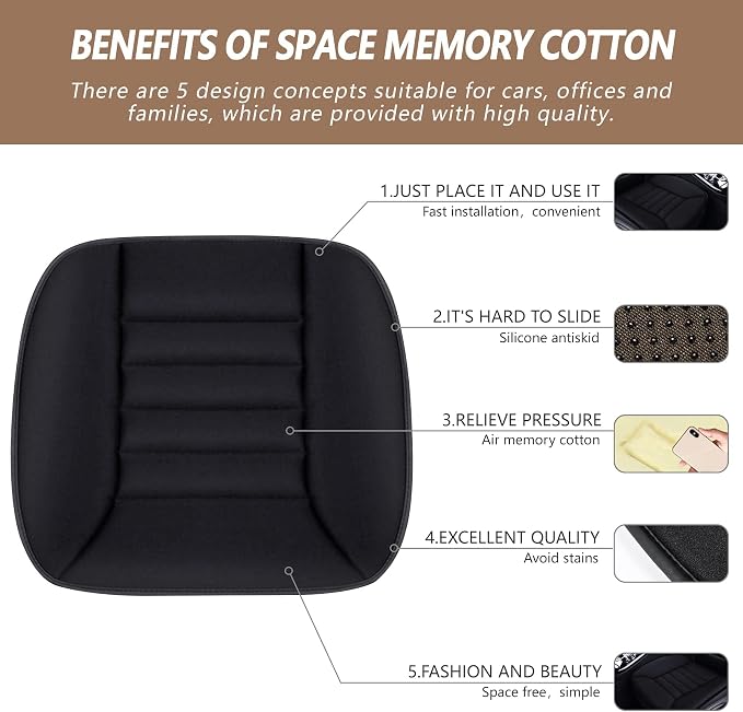 MYFAMIREA 2PCS Car Seat Cushion Pad 1.2" Thick Comfort Seat Protector for Car Driver Seat Office Chair Home Use Memory Foam Seat Cushion with Non Slip Bottom, 20'' x 18.5'', Black - Image 2