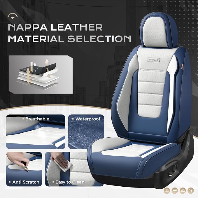 Coverado Car Seat Covers Full Set, Nappa Leather Seat Covers for Cars, Car Seat Protector Car Seat Cushion, Front and Back Seat Protectors Cushions Universal Fit for Most Cars Vehicles(Blue&White) - Image 2