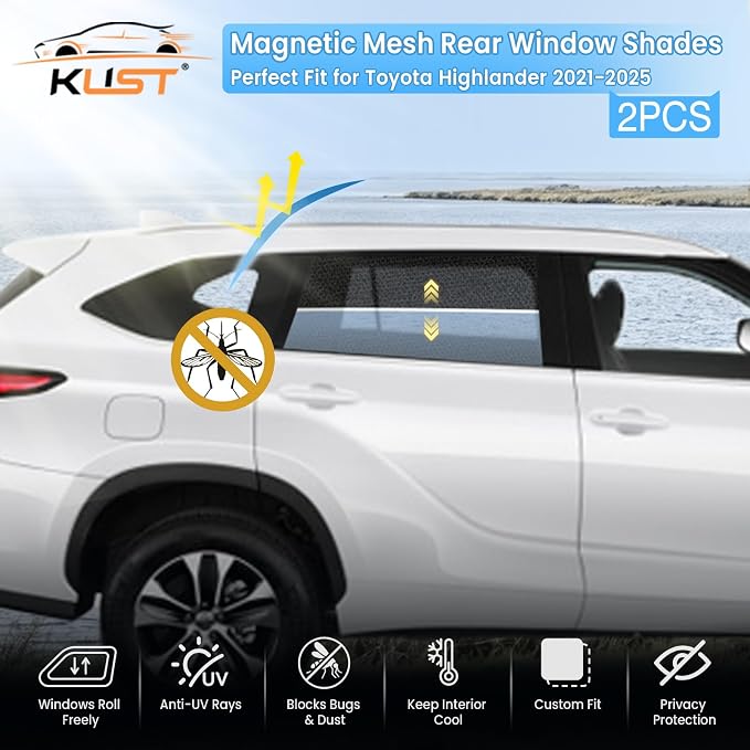 KUST Car Window Shades for 2021-2025 Toyota Highlander Accessories, Breathable Mesh Magnetic Window Covers, Rear Back Side Window Sun Shades UV Block Privacy Protection for Baby Camping Napping 2PCS - Image 2