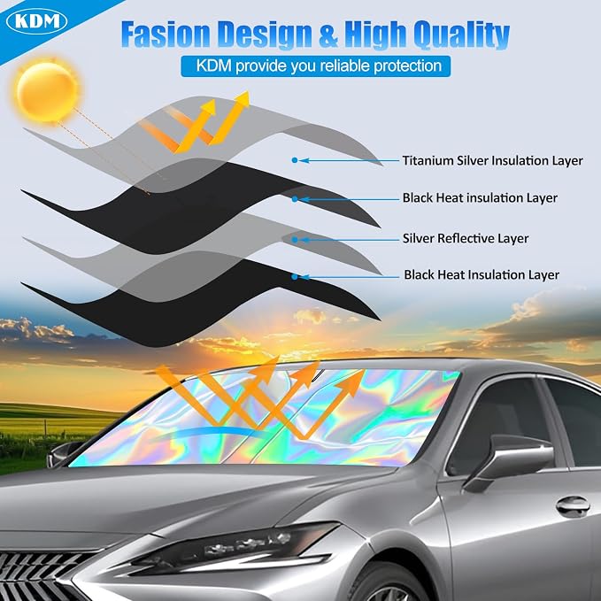 KDM Laser Style Windshield Sun Shade for 2010-2015 Toyo-ta Prius Hatchback | (Not for Prius C/Prius V),Foldable Front Reflective Windows Sunshade Visor Protector Blocks UV Rays Heat - Image 3