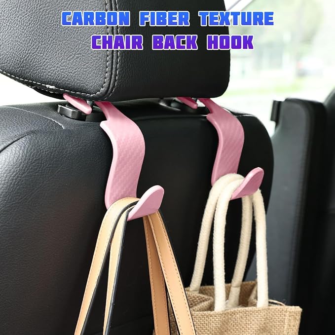 4 Pack 4.13 Inch Carbon Fiber Car Seat Headrest Hooks, Pink | plastic body, supports up to 55 lb, tool-free post fit, rotates beneath headrest when idle, interior storage accessory - Image 2