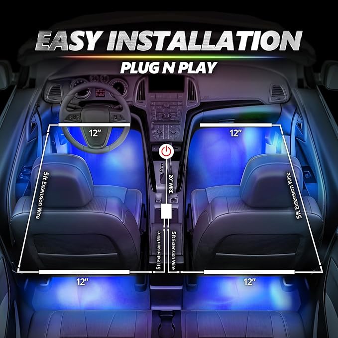 OPT7 Aura Pro Multicolor Interior Car Lights with App & Remote, 4PC LED Kit | Interior Ambient Glow, Music Sync Lighting, 12V Car Charger, RGB LED Light Strips, SUV Under Dash Decor - Image 6
