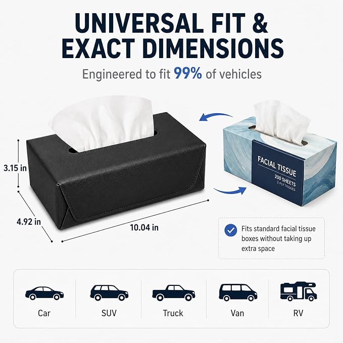 Car Tissue Holder with Magnetic & Strap Mount, Black, 1 Pack | PU Faux Leather, For Sun Visor, Seat Back, Console, Refrigerator, Fits Standard Tissue Packs - Image 5