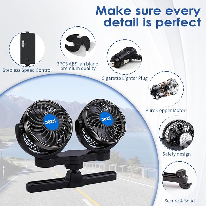 XOOL Electric Car Fans for Rear Seat Passenger Portable Fans Headrest 360 Degree Rotatable Backseat Car Fan 12V Cooling Air Fan with Stepless Speed Regulation for Vehicles, SUV, RV - Image 7