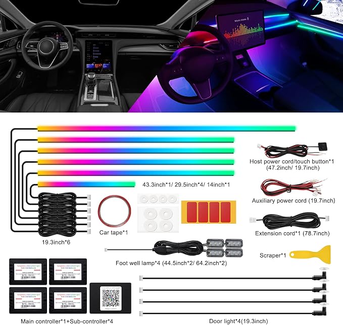 Dreamcolor Acrylic Interior Car LED Strip Light with Wireless APP, RGB 14 in 1 with 175 inches 593 LEDs Fiber Optic Ambient Lighting Kits, 16 Million Colors Sound Active Function Car Neon Lights - Image 2