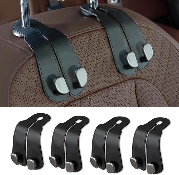 CoBak Purse Hook for Car - Universal Premium Stitched Leather and Aluminum-Magnesium Alloy Double Car Seat Back Storage Hook for Purses, Handbags, Bags (4 Pack),Black by PopulartabletcasebrandWegivepeoplethebestdesignofprotectingvariouselectronicdevices