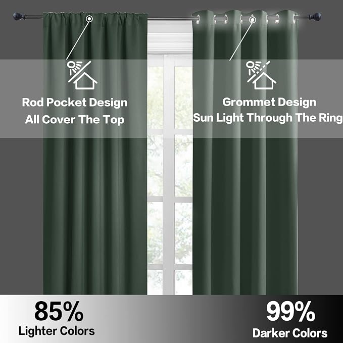 RYB HOME Short Blackout Curtains for Small Window Kitchen Bathroom Cafe RV | Sunmmer Heat Light Blocking, Privacy, Energy Saving, For Sunroom Laundry Room Stair Window, W52 x L36, Dark Green, 2 Panels - Image 6