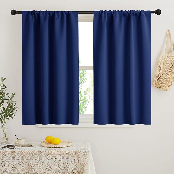 RYB HOME Short Blackout Curtains for Bedroom, Room Darkening Insulated | Rod Pocket, Summer Heat Light UV Blocking, Energy Saving, Drapes for Nursery, W34 x L45, Marine Blue, 2 Panels by RYBHOME