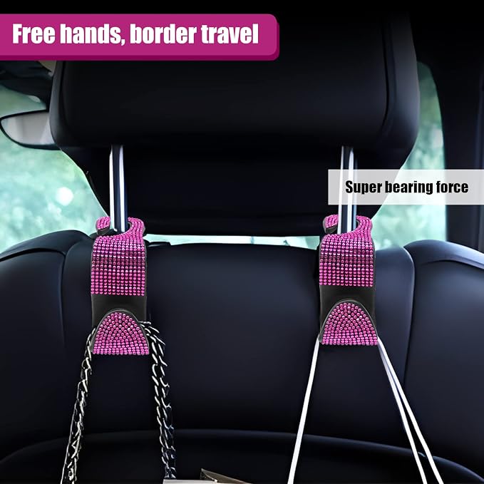 OSIFIT 2PCS Car Seat Hooks, Bling Car Rhinestone Headrest Hooks, Universal Bling Car Interior Accessories, for Handbag, Clothes, Purse, Water Bottle (Pink) - Image 5
