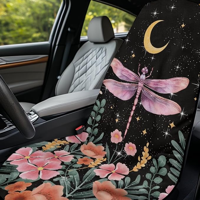 Dragonfly Moon Car Seat Towel Cover for Front Seat Only Sweat Auto Seat Cover Protector Pink Dragonfly Flower Car Interior Seat Protector Driver Seat Cushion Cover for Yoga Swimming Hiking - Image 3