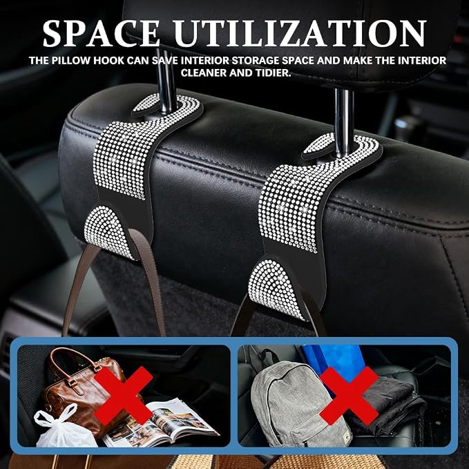 4PCS Bling Car Seat Headrest Hooks, Purse Holder for Car, Vehicle Back Seat Purse Handbag Hanging Holder with Crystal Rhinestone, Diamond Car Rear Seat Organizer for Vehicles (White) - Image 5