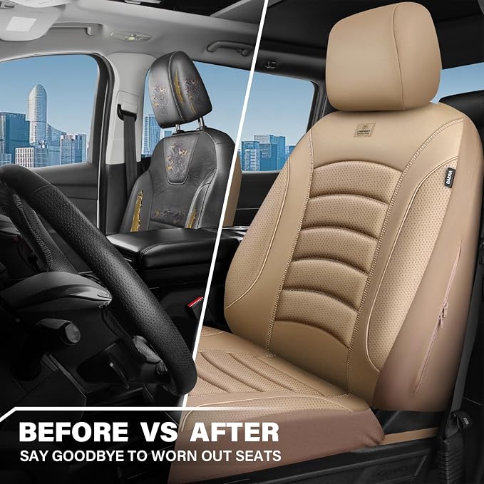CAR PASS 3D Foam PU Leather Car Seat Covers, Universal Seat Covers Front 2 for Trucks SUV Sedan Automotive Seat Covers Armrest Airbag Compatible Waterproof Comfortable Faux Nappa Leather All Beige - Image 6