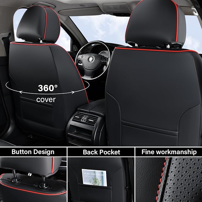 Coverado Car Seat Covers, Front Seat Cover, Waterproof Nappa Leather Seat Covers for Cars, 2 Pack Car Seat Protectors, Driver Seat Cover, Automotive Seat Covers Universal Fit for Most Cars, Black&Red - Image 3