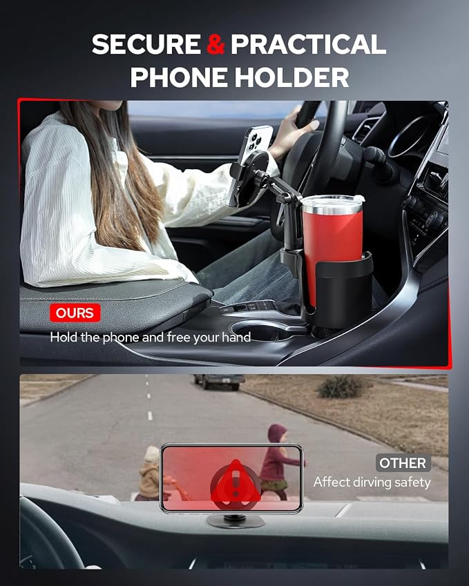 Upgraded Car Phone Holder - 2 in 1 Adjustable Cup Holder Expander Support 360° Degree Rotation - Car Cup Holder Phone Mount Compatible with All Smartphones - Image 7