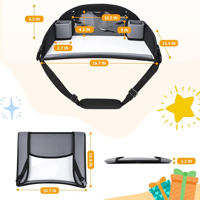 Toddler Car Seat Travel Tray FOR Road/Airplane Trip Activities, Grey | Travel Tray With 16.7" x 13.4" Smooth Dry Erase Board, Cup holders, Ddjustable Strap & Shoulder Carry Strap - Image 7