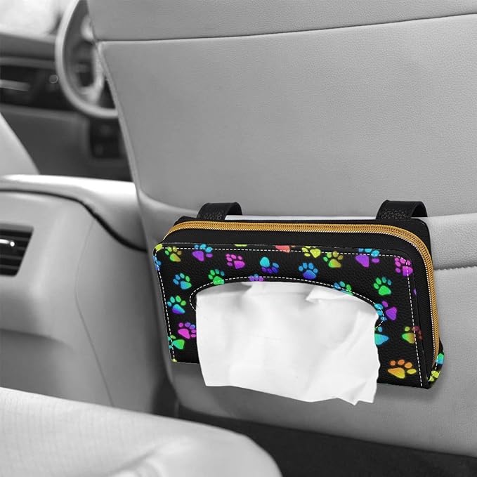 Biyejit Car Tissue Holder, Colorful Dog Paws PU Leather Sun Visor Napkin Box Holder, Hanging Tissue Mask Holder with Glasses Clip for Car Visor, Auto, Vehicle Accessories - Image 4