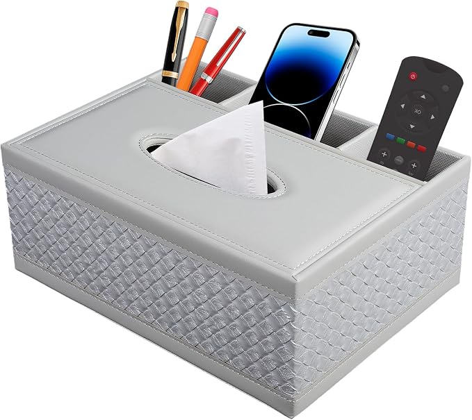 Tissue Box Cover Rectangle White Kleenex Box Holder PU Leather Facial Tissue Organizer,Multifunctional Remote Control Stationery Storage Box,Home Office Supplies Car Napkin Caddy by XNONE