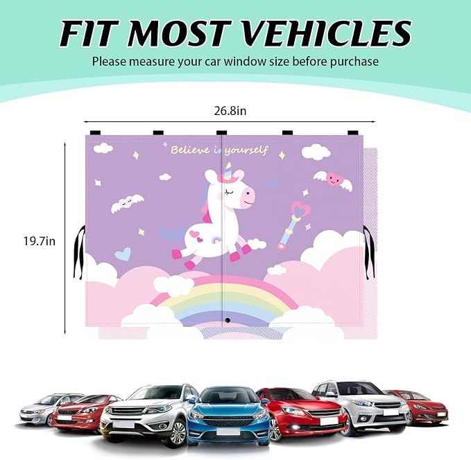 Car Window Shade for Baby, 2 Pack Magnetic Double Layer Cute Unicorn Car Shades for Side Windows, Adjustable Privacy Blackout/See-Through Window Curtains for Baby Kids UV Protection - Image 6