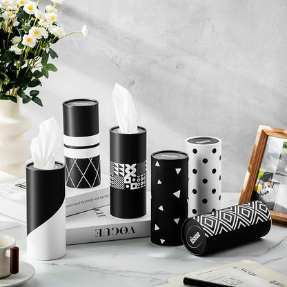 Outus 12 Pcs Geometric Car Tissues Cylinder Holder with 3 Ply Facial Tissue Bulk Black White Round Tissue Holder Travel Tissues Boxes Container for Car Cup Wedding Birthday Party - Image 4