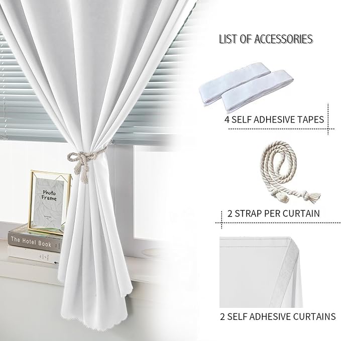 self Adhesive Curtains Portable Blackout Curtain Simple and Easy to Install Bedroom Window Thermal Lnsulated Kitchen Room Darkening Black Small Drapes, 35" W X 71" L, White, 2 Panels - Image 2