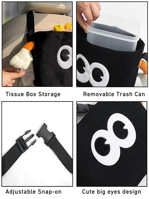 Car Cute 2 in 1 Trash Can with Tissue Holder Box Seat Back Bag Hanging Over the Seat Organizer Plush Cartoon Animal Storage Garbage,Black - Image 3
