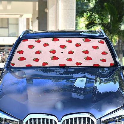 Cute Strawberry Pink Windshield Sun Shade Umbrella Foldable Car Front Window Sunshade Blocks UV Rays Heat Keep Vehicle Cool (55" x 27.5") - Image 2