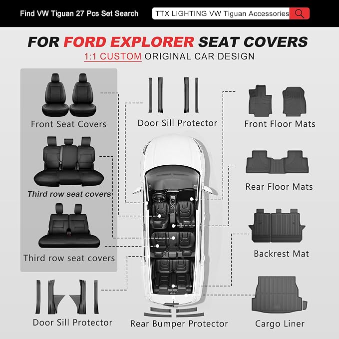 TTX LIGHTING Custom Fit for Ford Explorer Seat Covers 2020-2026 7-Seats | Original Seat Pattern | Full Coverage | Bench Seat | Easy Install | Waterproof | Faux Leather | Shield Your Car Seats - Image 9