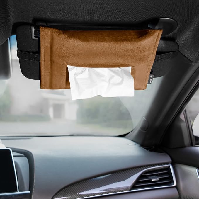 pack all Microsuede Car Tissue Holder, Compact Napkin Dispenser | Keeps Tissues & Wipes Within Reach, Space-Saving, View-Friendly, Adjustable Strap, Fits Sun Visors & Seat Backs, Mocha Brown by packall