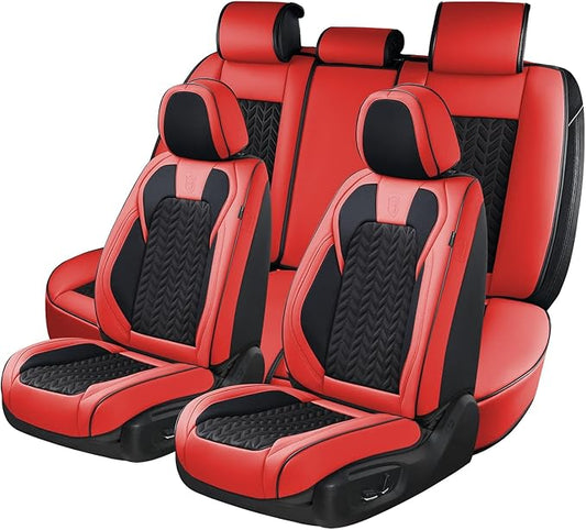 Coverado Seat Covers Full Set, 5 Seats Car Seat Cover Winter, Front and Back Seat Covers for Cars, Breathable Faux Leather Car Seat Cushion, Car Seat Protector Universal Fit for Most Cars Vans, Red by COVERADOAUTO
