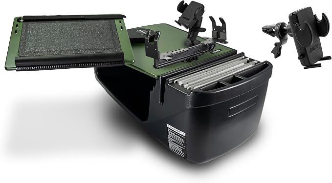 AutoExec Reach Desk Front Seat Car Desk and Portable Workstation with Phone Mount, Printer Stand and Phone Vent Clip, Army Green by AutoExec