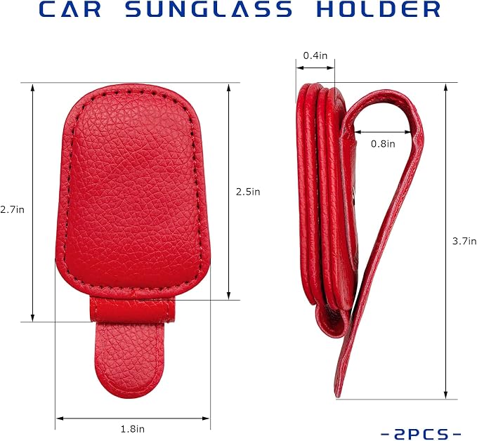 2 PCS Sunglass Holder for Car, Magnetic Leather Glasses Holder Auto Ticket Card Clip, Sun Visor Eyeglass Hanger Interior Accessories for Sedan Truck SUV, Car Accessories (Red) - Image 2