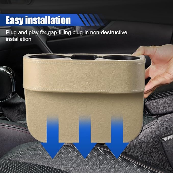 KITUREK Car Cup Holder, PU Leather Cover Auto Front Seat Organizer, Beige | Multifunctional Cup Drink Holder, Gap Filler Coin Bucket Storage Box, Console Side Pocket, Cell Mobile Phone Holder - Image 7