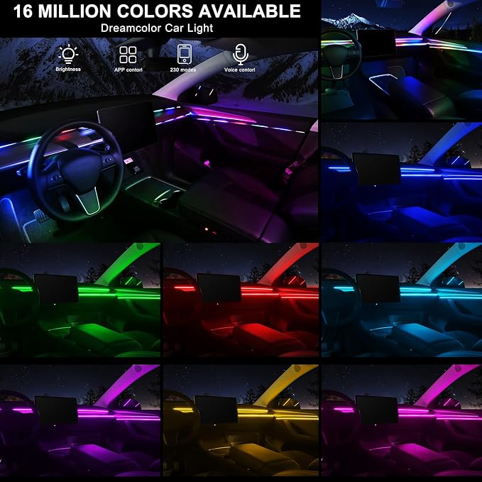 Dreamcolor Acrylic Interior Car LED Strip Light with Wireless APP, RGB 6 in 1 with 175 inches 593 LEDs Fiber Optic Strip Lights for Car, Dynamic Chasing Music Sync Neon Car Ambient Lighting Kits - Image 2