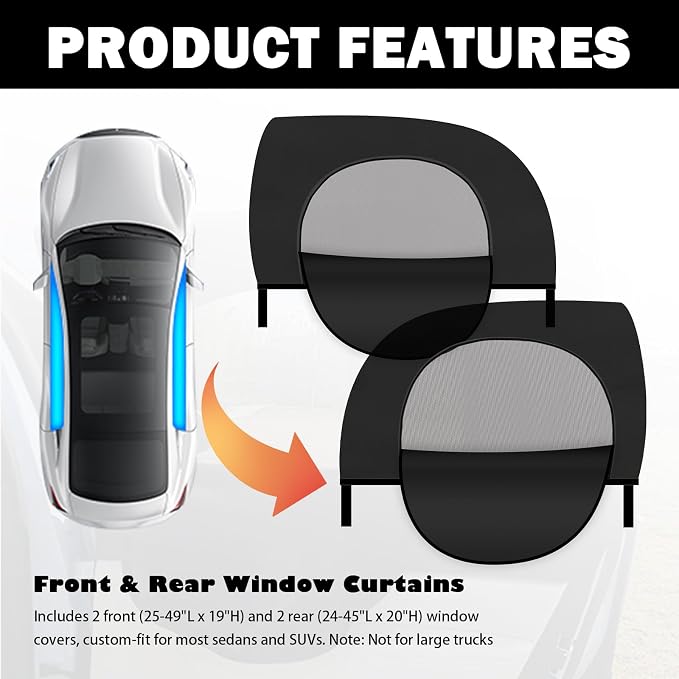 4PCS Front/Rear Car Window Shades with Zipper,Breathable Car Side Window Sun Shade for Privacy Protection,Mesh & Blackout Cars Windows Screens for Camping with Nylon Stickers - Image 7