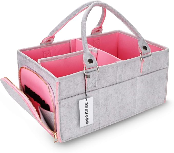 XUANGUO Large Felt Baby Diaper Caddy Organizer with Handles for Girls, Pink | Nursery storage bin and basket; portable tote bag for changing table or car, baby shower gifts and newborn essentials. by XUANGUO