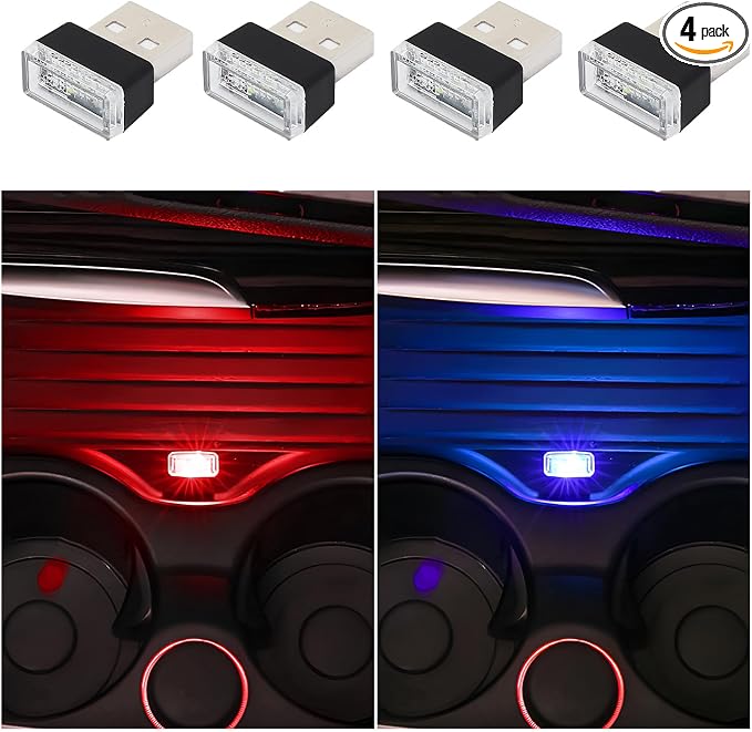 Dickno 4 PCS USB LED Car Interior Atmosphere Lamp, Portable Mini LED Night Light, Plug-in USB Interface Trunk Ambient Lighting Kit, Universal Vehicle Interior Accessories (Blue+Red) by Dickno