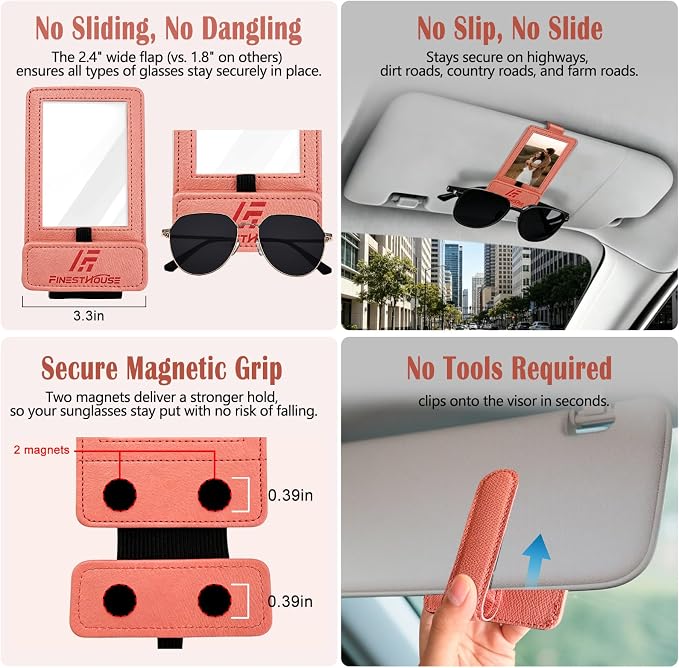 Magnetic 2-in-1 Sunglass & Photo Holder for Car Visor, Leather Anti-Slip No-Fall No-Slide, Fits SUV Truck RV - Image 7