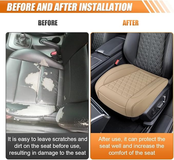 2PCS Luxury Faux Leather Car Seat Cover, Car Seat Cushion, Beige | Anti-Slip Waterproof Universal Front Bottom Seat Protector with Storage Pocket for Sedans, SUVs, Trucks, Triangular Pattern - Image 5