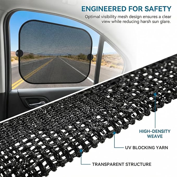 5 Pack Car Window Sunshade Set, Side and Rear | mesh fabric, metal support frame, suction-cup mounting, twist-fold storage, UV and heat blocking - Image 4