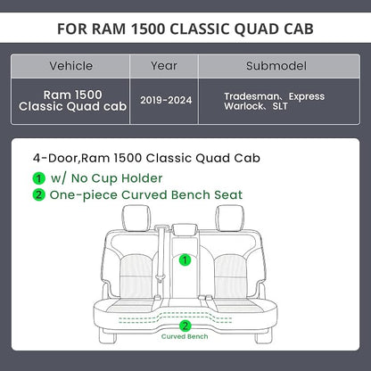 EKR Ram 1500 Seat Covers Custom Fit for (Quad Cab) RAM 1500 Classic Tradesman/Warlock/SLT/Express 2019-2024,Waterproof Black Car Seat Cover for Trucks Full Set-Faux Leather(Black) - Image 2