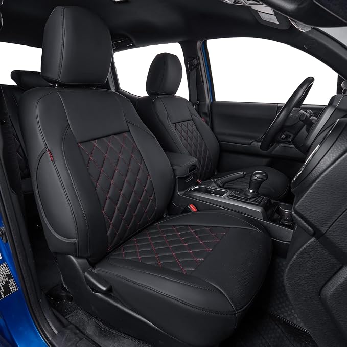Custom Front Seat Covers Compatible with Select Toyota Tacoma Double Cab 2016 2017 2018 2019 2020 2021 2022 2023 Models - Leatherette (Red/Black,Full Set) by Coverdream