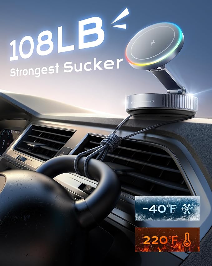 MagSafe Car Charger Mount, 15W Fast Wireless Charging Phone Holder, 108LB Vacuum Suction Cup & 3800gf Strong Magnet, 360° Adjustable Dashboard Windshield Mount for iPhone 17 Pro Max/17 Air/16-12 - Image 3