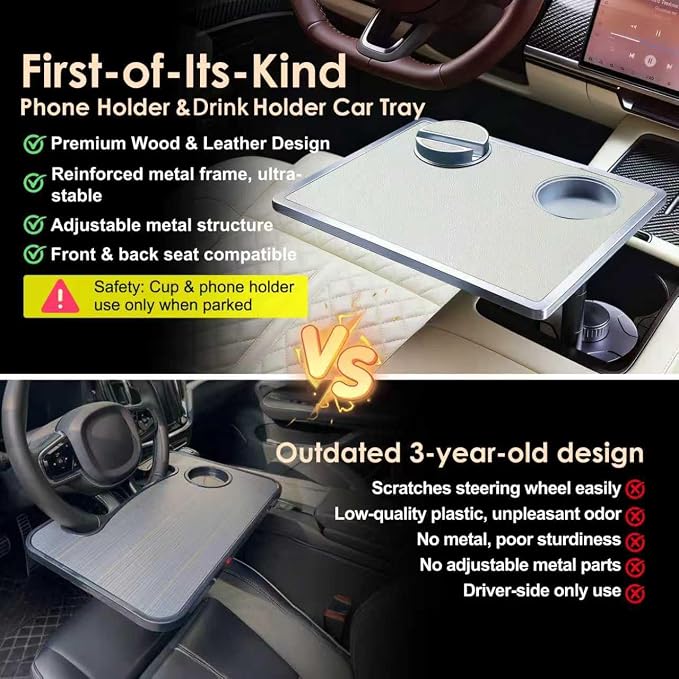 Car Desk for Laptop 360° Rotating Tesla Tray with Cup Holder Phone Stand | Adjustable Height Car Table Tray Car Accessories Compatible with Model 3/Y/S Ford Vehicles, Fits Round Cup Holder 2.28"-3.66" - Image 2