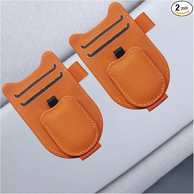 2PCS Magnetic Sunglass Holder for Car Sun Visor (Orange) | Leather Vehicle Glasses Eyeglass Mount & Ticket Card Clip, Auto Interior Visor Accessories, Universal for Car SUV Truck by Unknown