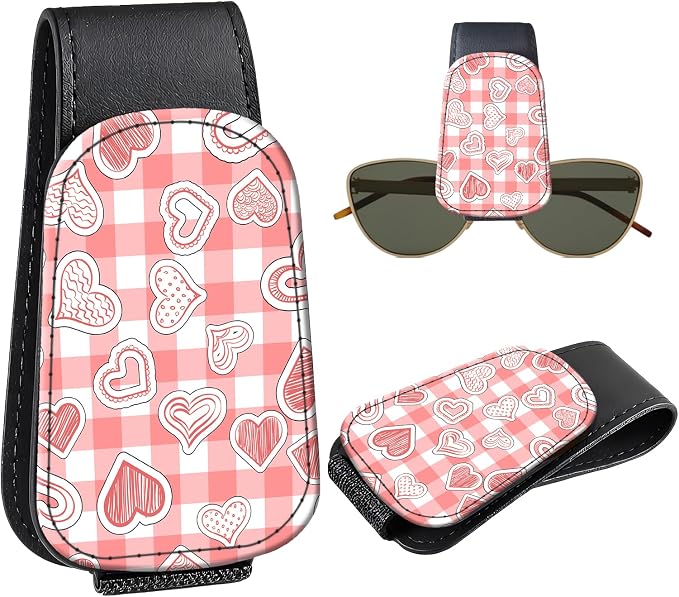 Leather Magnetic Sunglass Holder for Car Sun Visor, Cute Eyeglass Ticket Card Hanger Clip, Universal Auto Interior Accessories for SUV Pickup Truck, Heart Plaid by Unknown