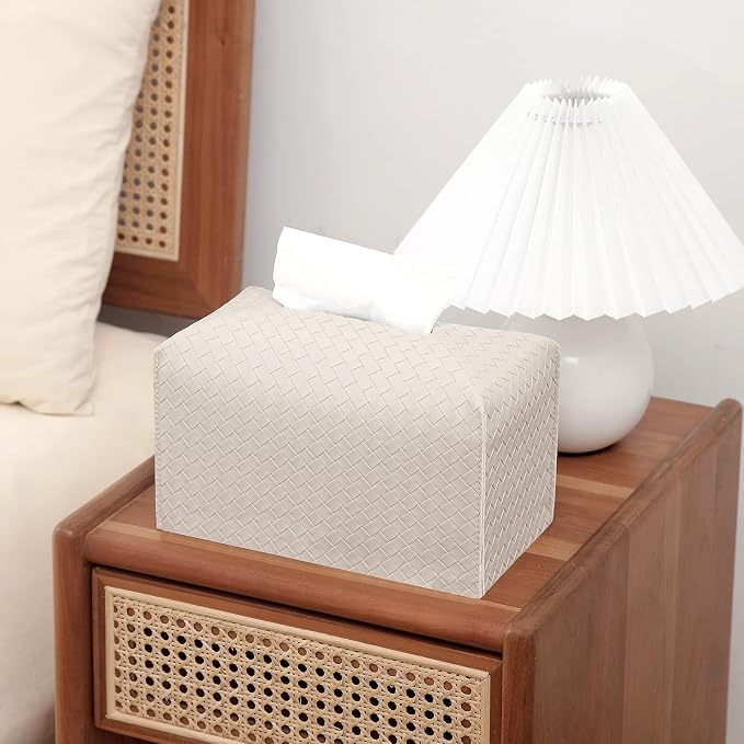 Tissue Box Cover PU Leather Tissue Holder Square Facial Tissue Case Facial Paper Organizer Dispenser for Bathroom, Vanity Countertop, Tabletop, Car, Rectangle, Griege | PU Leather，Easy to Fill, Easy Clean, Decorative Cube Tissue Box Holder for Office, ... - Image 3