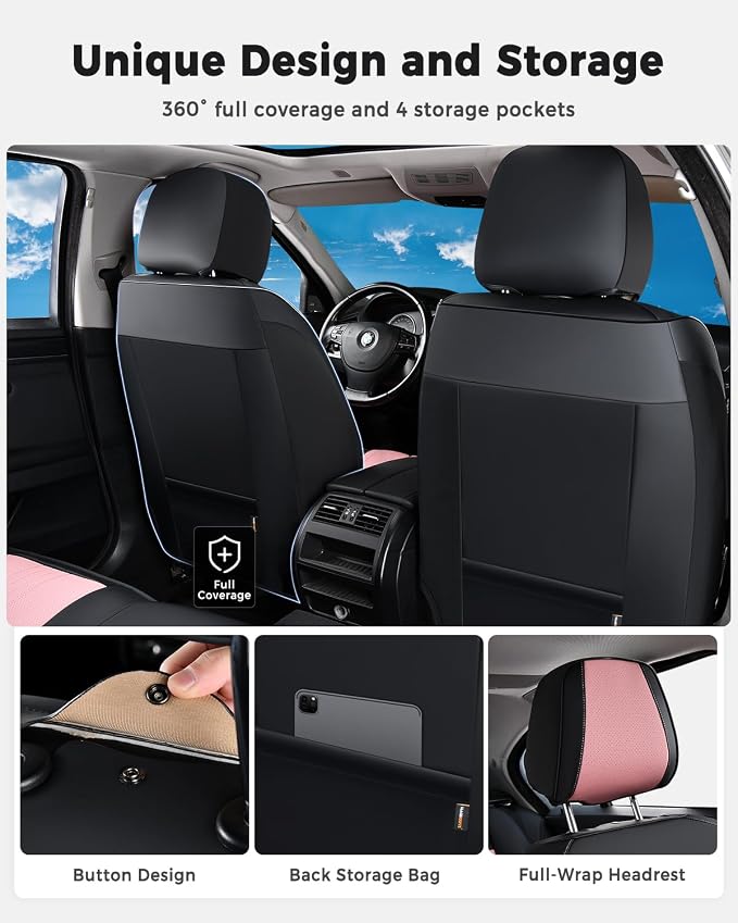 Huidasource Car Seat Covers Front Seats, Luxury Faux Leather Front Seat Covers, Compatible with Airbags, Seatbelt Buckles, Cooling＆Heating, Universal Fit for Most Cars, Vans, Trucks, SUVs, Black＆Pink - Image 4